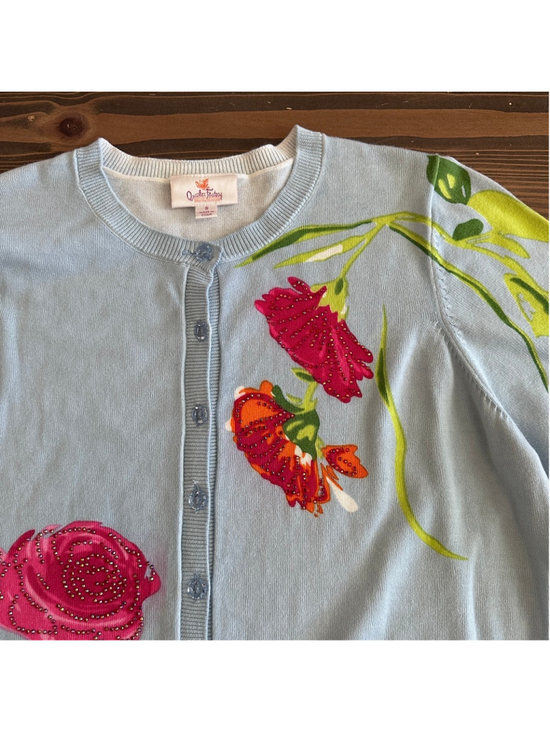 Quacker Factory Sweaters - Quacker Factory Cardigan Womens S Light Blue Floral Rose Beaded Vintage
